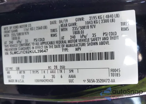 2019 Lincoln Mkc Standard z USA, uszkodzony, nr VIN 5LMCJ1C92KUL39647